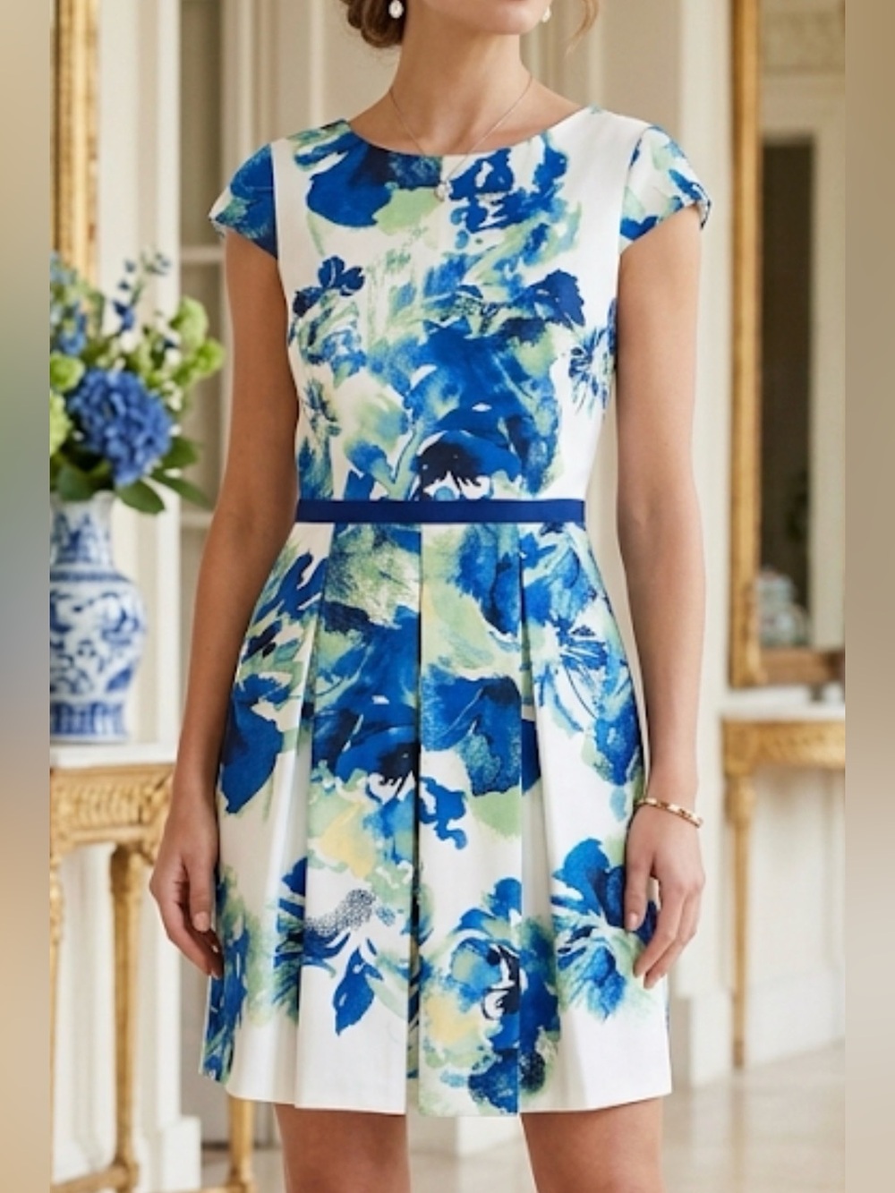 Alex Marie White Dress with Blue and Green Floral Print